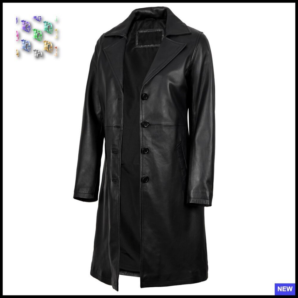 Real Lambskin Leather Car Coat Trench Style Classic Elegant Chic Long Sleeve
